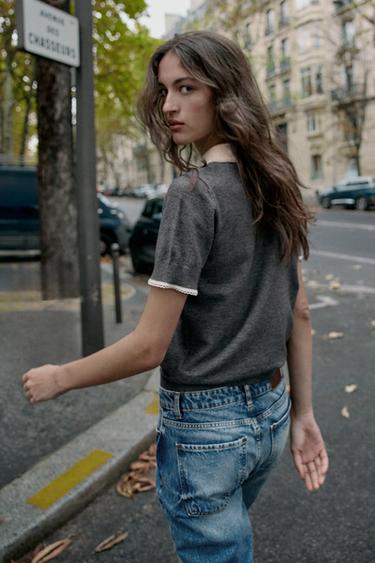 HAUT POLO À MANCHES COURTES AVEC DENTELLE - Gris chiné de Zara - Image 2