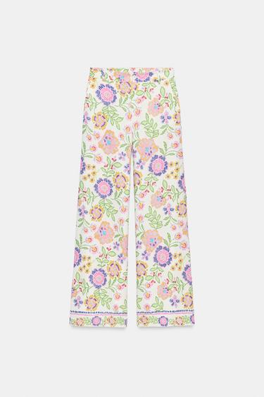 FLORAL PRINT LINEN BLEND TROUSERS - Multicoloured by Zara - Image 4