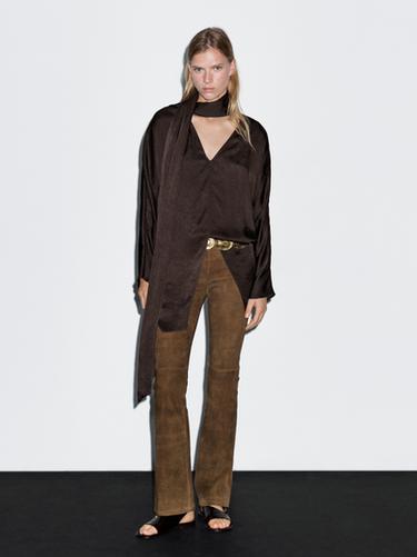 Zara Long flowing blouse with tied neck - Brown