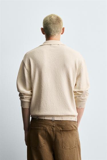 KNITTED RIPPED-EFFECT POLO SHIRT - Ecru by Zara - Image 2