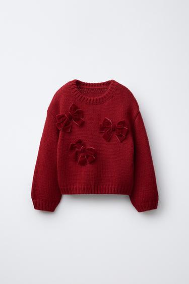 KNIT JUMPER WITH VELVET BOWS - Red by Zara