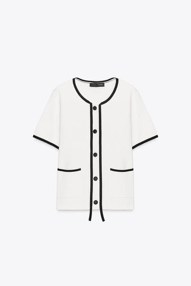 Zara CONTRAST TRIM CARDIGAN - White