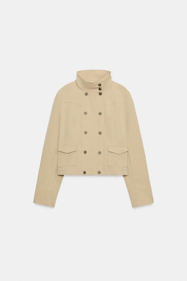 Zara HIGH-COLLAR POCKET JACKET - Sand