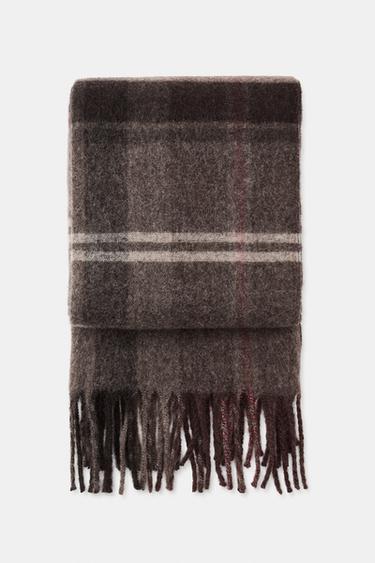 Zara PLAID FRINGED SCARF - taupe brown