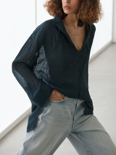 Zara 100% linen flowing collared blouse - Charcoal gray