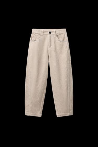 BARREL CORDUROY TROUSERS WITH EMBROIDERED DETAIL - Ecru by Zara
