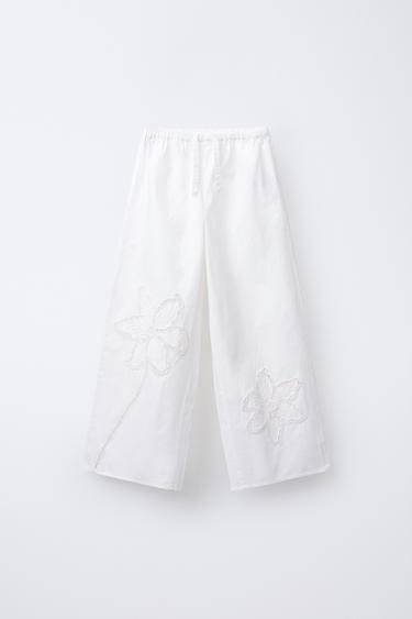 Zara EMBROIDERED FLORAL STRAIGHT-LEG PANTS - White