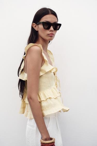RUFFLED LACE LINEN BLEND TOP - Light yellow by Zara
