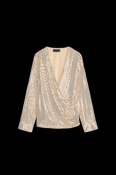 SEQUIN CROSSOVER BLOUSE - Gold by Zara - Image 0