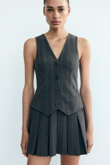 Zara BOX PLEAT STRIPED VEST DRESS - Anthracite Gray
