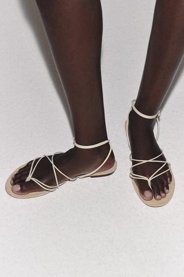 FLAT LEATHER STRAPPY SANDALS - Ecru White by Zara - Image 1