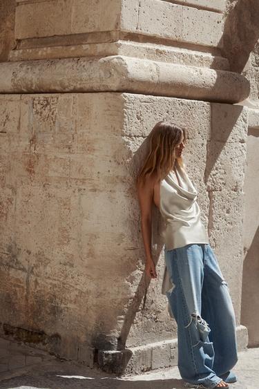 SATIN HALTER TOP - Grey / Beige by Zara