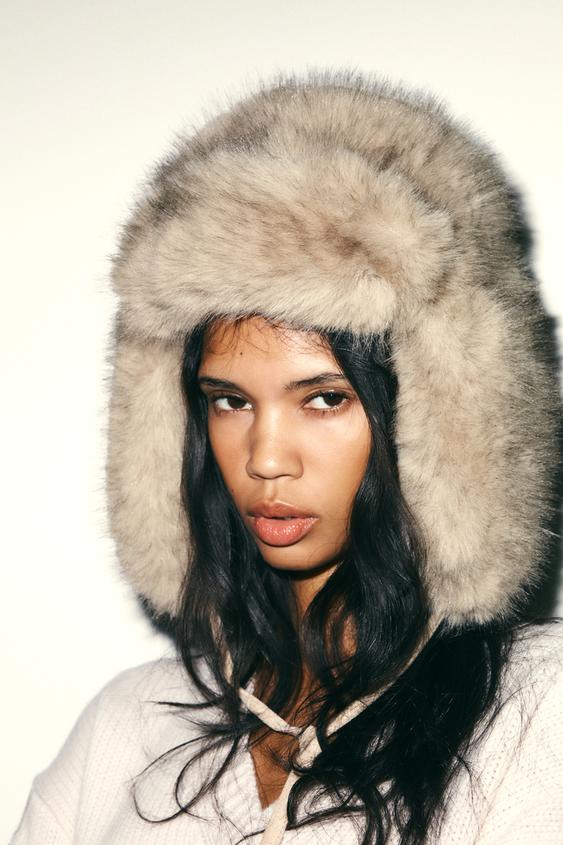 GORRO AVIADOR DE PELO SINTÉTICO - Bege da Zara - Imagem 0