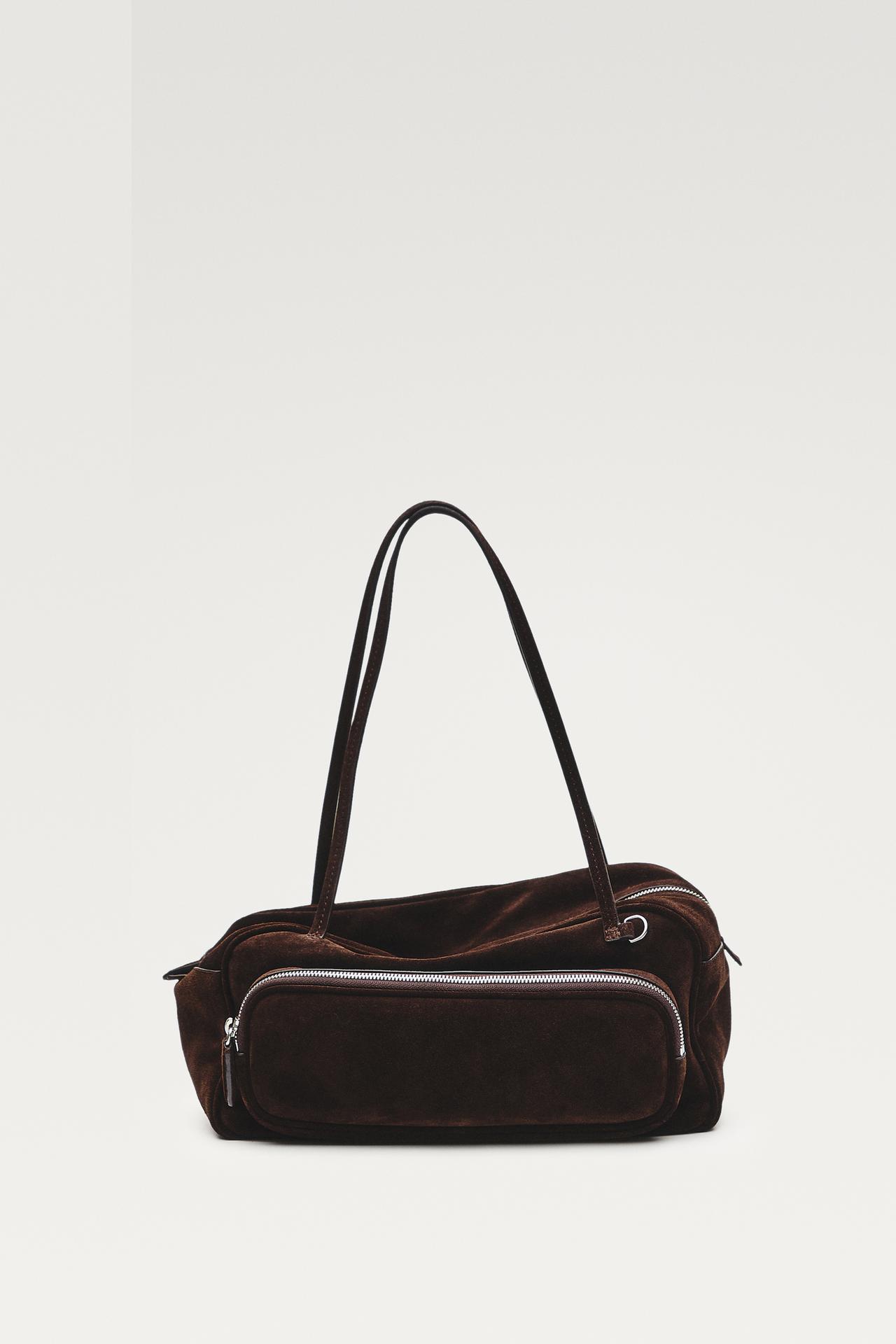 Medium split suede leather bowling bag — Mink