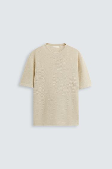 Zara TEXTURED KNIT T-SHIRT - Ecru