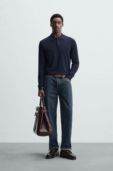 Zara SILK COTTON KNIT POLO - Blue - Image 0