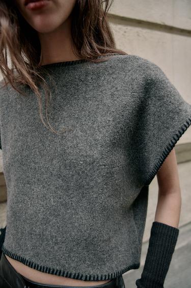 GILET EN MAILLE AVEC SURPIQÛRES EN CONTRASTE - Gris foncé de Zara