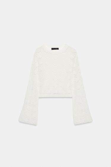 PULL EN MAILLE POINTELLE À MANCHES ÉVASÉES - Blanc de Zara - Image 6