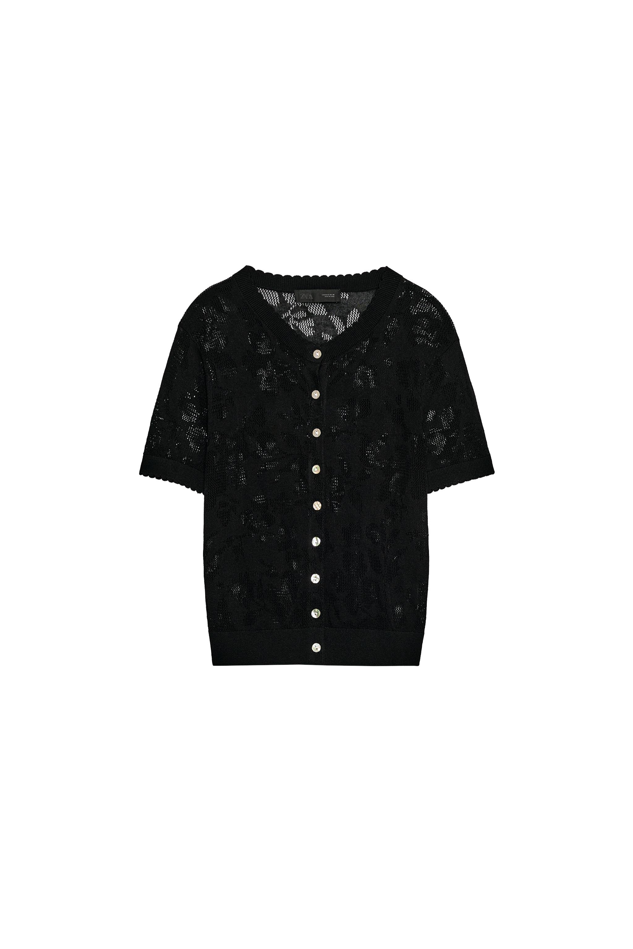 フラワーショートスリーブニットカーディガン - ブラック | ZARA Japan