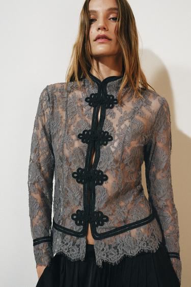 قميص ZW COLLECTION بتطريز وأزرار صينية - رمادي وسط الخاص بـ Zara