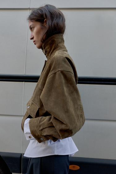 100% LEATHER BOMBER JACKET - Khaki by Zara - Image 5