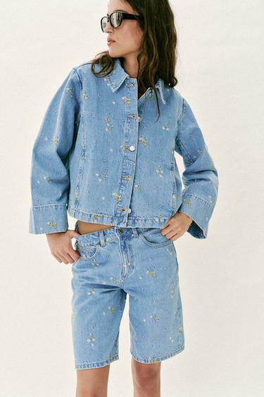 Z1975 EMBROIDERED FLORAL DENIM BERMUDA SHORTS - Mid-blue by Zara - Image 3