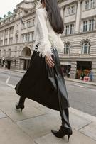 FAUX LEATHER LAYERED BELTED MIDI SKIRT