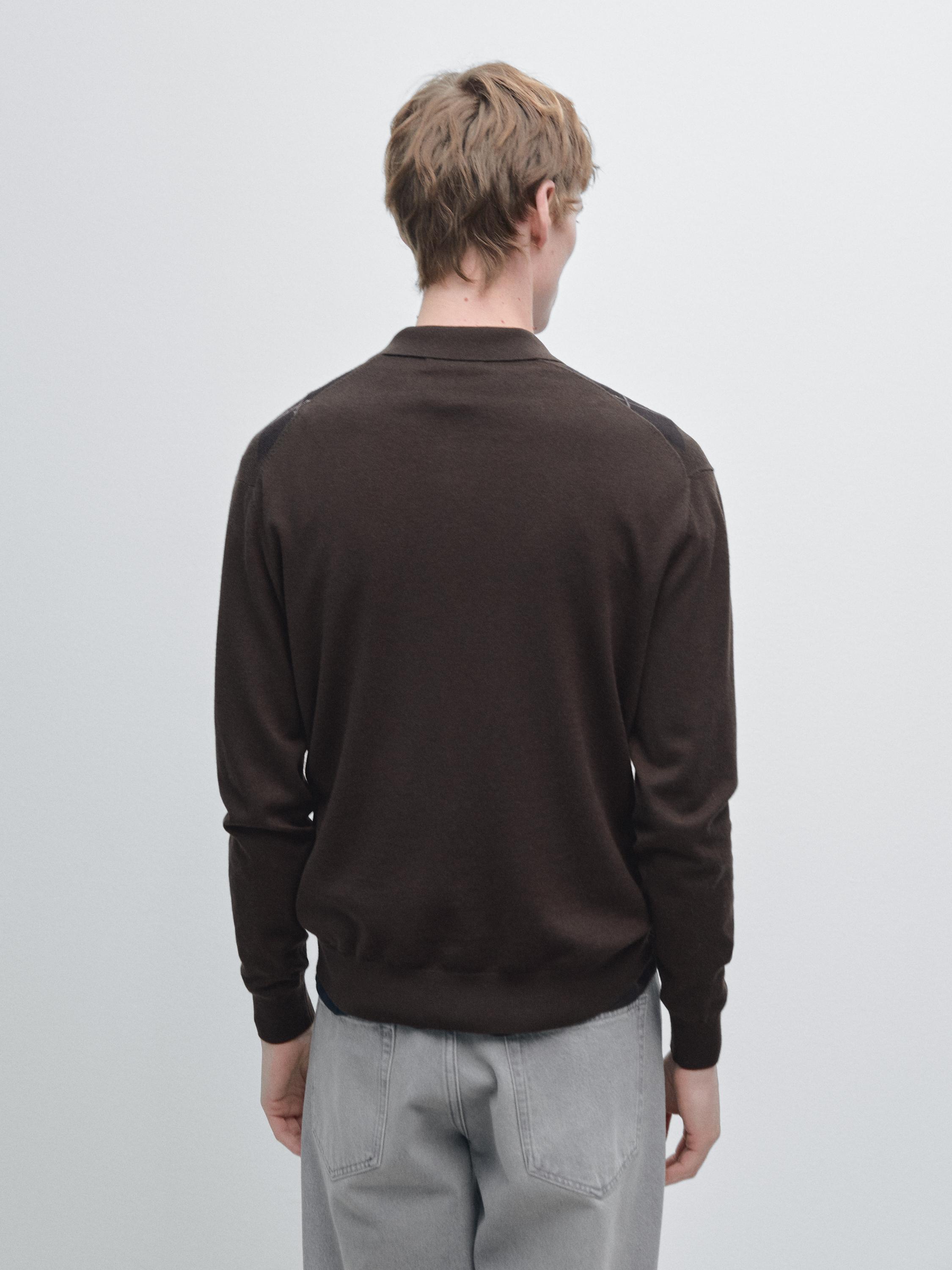 Wool blend argyle knit polo sweater