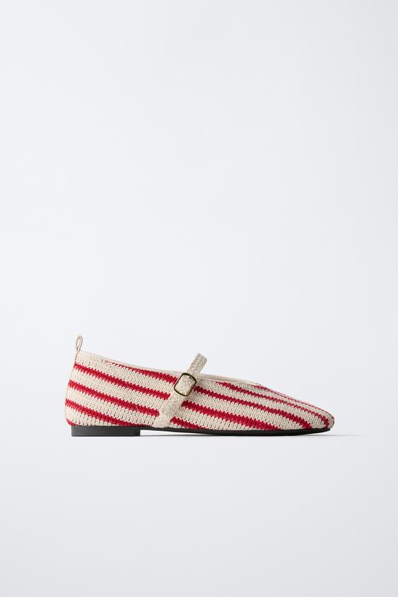 STRIPED CROCHET BALLET FLATS - Red by Zara - Image 0