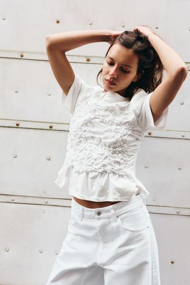 SHORT SLEEVE GATHERED TOP - White by Zara - Image 2