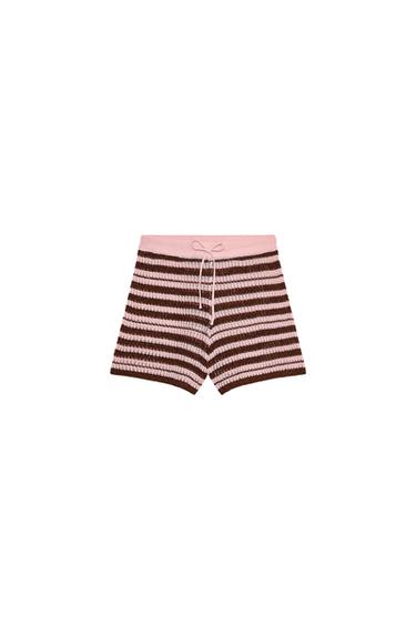 Front view of brown and pink striped shorts with drawstring waist.