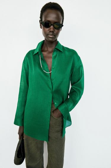 Chemise longue fluide 100 % ramie - Vert de Zara