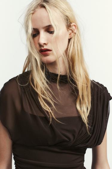 Zara COMBINED DRAPED MIDI DRESS - chocolate