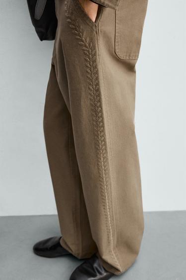 EMBROIDERED STRAIGHT-LEG TROUSERS - Tan marl by Zara - Image 5