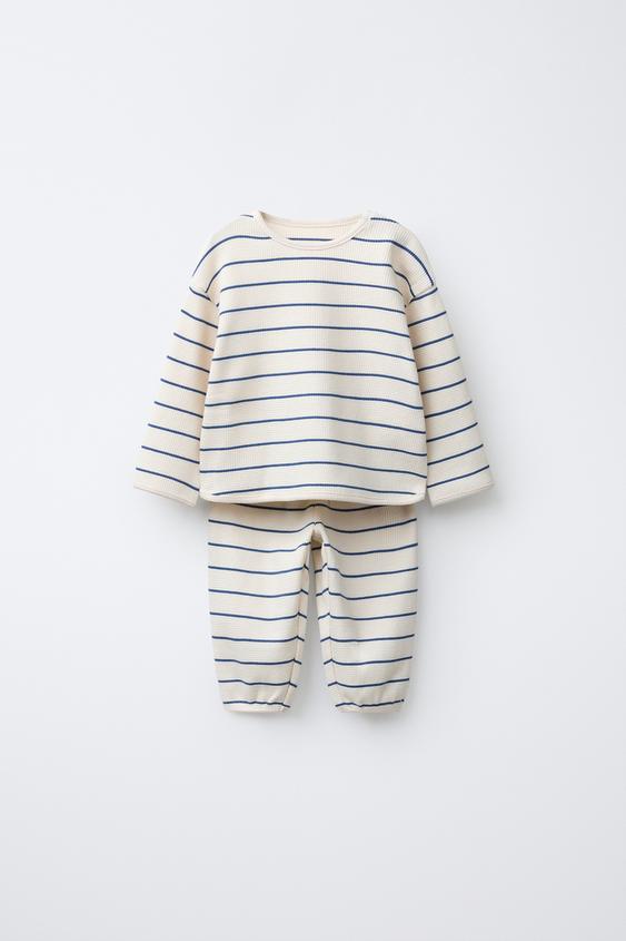 WAYAS WAFFLE-KNIT T-SHIRT AND JOGGER SET - Ecru / Blue by Zara - Image 0