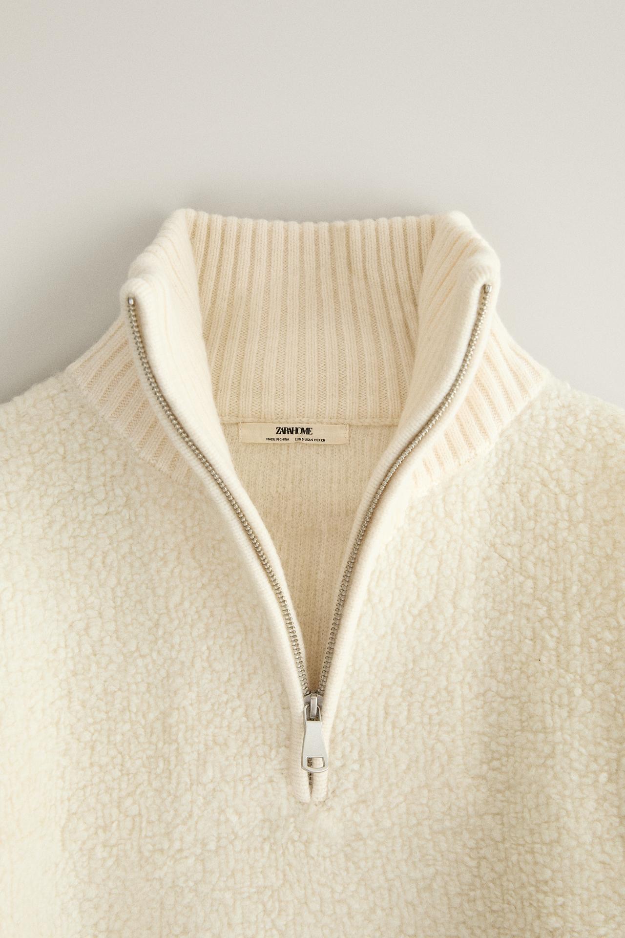 WOOL FAUX SHEARLING ZIP SWEATER — Ecru
