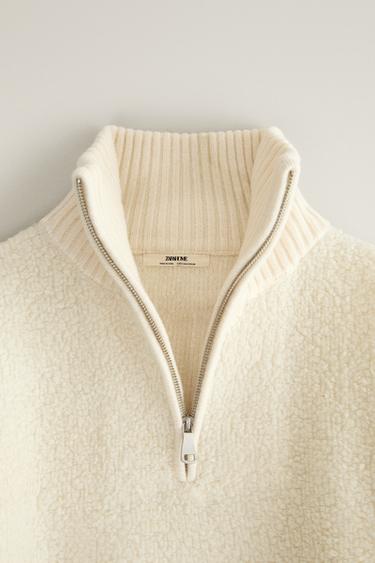 WOOL FAUX SHEARLING ZIP SWEATER — Ecru 2