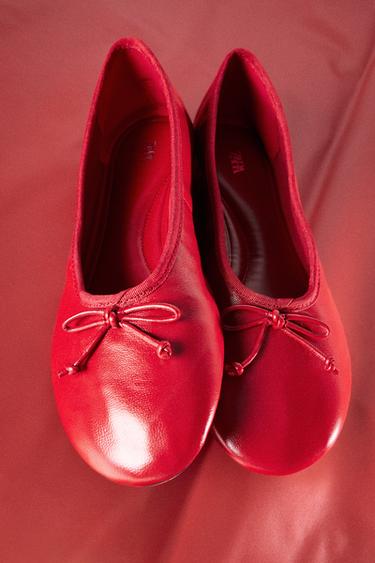 LEATHER BOW BALLET FLATS - Red by Zara