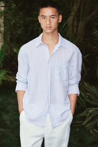 REGULAR FIT LINEN - COTTON SHIRT - Blue/White by Zara