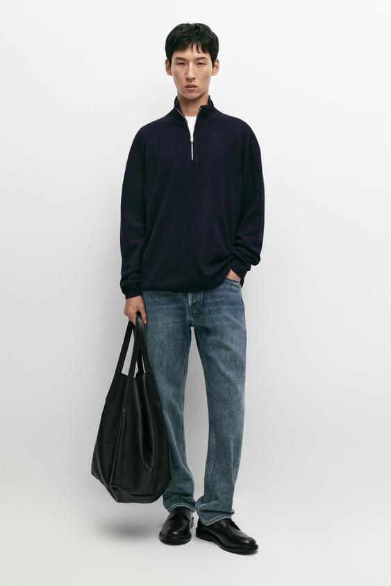 Zara Mock neck knit sweater with zip - Navy blue - Image 0