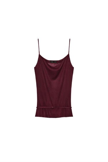 Zara KNIT BELTED TOP - Dark maroon