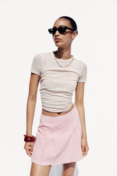 Zara GINGHAM SKORT - Pink / White