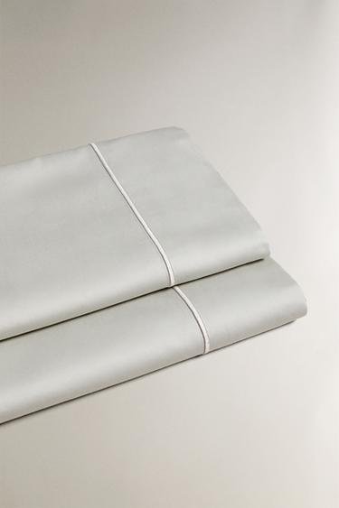 (400 THREAD COUNT) SATEEN FLAT SHEET WITH TRIM - Silver by Zara - Image 1