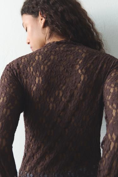 CAMISETA DE RENDA DE MANGA AMPLA - Marrom da Zara