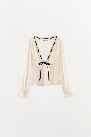 TOP SATINÉ AVEC LACET CONTRASTANT - Gaufrette de Zara - Image 4