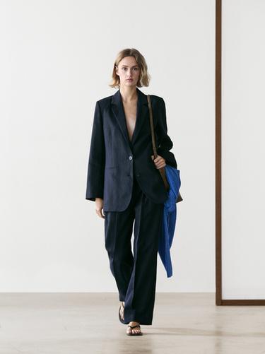 Pantalon de costume en lin - Bleu marine de Zara