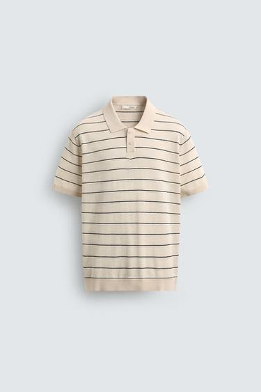 STRIPED LINEN-COTTON KNIT POLO SHIRT - Ecru by Zara