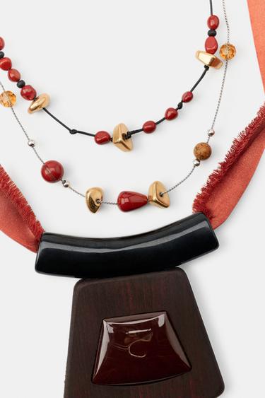 LOT DE 2 COLLIERS EN TISSU ET PIERRES FANTAISIE - Marron de Zara - Image 2