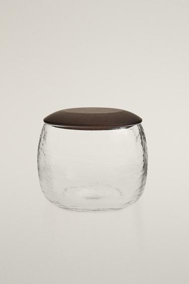 ACACIA AND GLASS WOOD BATHROOM ORGANISER JAR - Transparent by Zara