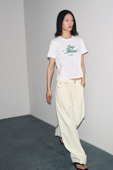 Zara MAJICA SA TEKSTOM – bela / zelena